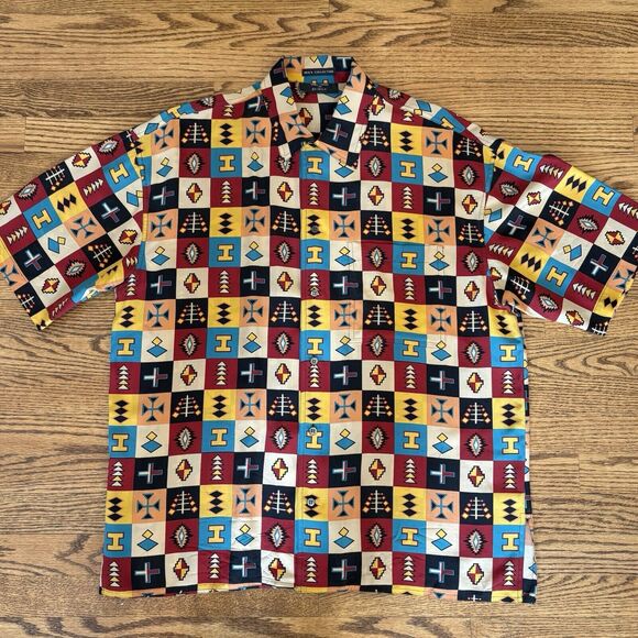 VINTAGE TIMNEY FOWLER FOR GO SILK ALL OVER PRINT MENS SHIRT Large Medium Tribal - Picture 10 of 11